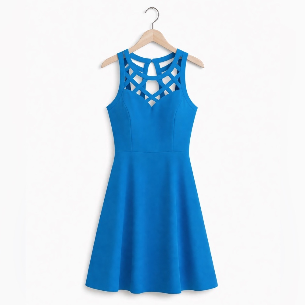 Guess Blue Fit & Flare Dress Size 8 Sleeveless Crisscross Bodice Lined